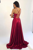 simidress.com | Hot Simple Satin Burgundy A-line Prom Dresses Evening Dresses With Side Slit, SP505