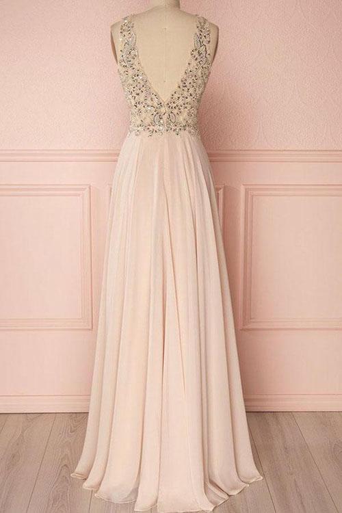 simidress.com | Beautiful Pink A-line V-neck Backless Prom Dresses Party Dress with Sequins, SP506