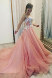 Gorgeous Pink Lace Sweetheart Sweep Train Prom Dresses with Appliques, SP507