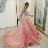 simidress.com | Gorgeous Pink Lace Sweetheart Sweep Train Prom Dresses with Appliques, SP507