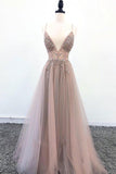 www.simidress.com | New Light Grey Blush V-neck Spaghetti Straps Open Back Prom Dresses with Split, SP509