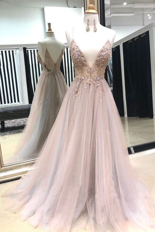 New Light Grey Blush V-neck Spaghetti Straps Open Back Prom Dresses with Split, SP509