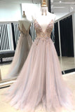 New Light Grey Blush V-neck Spaghetti Straps Open Back Prom Dresses with Split, SP509
