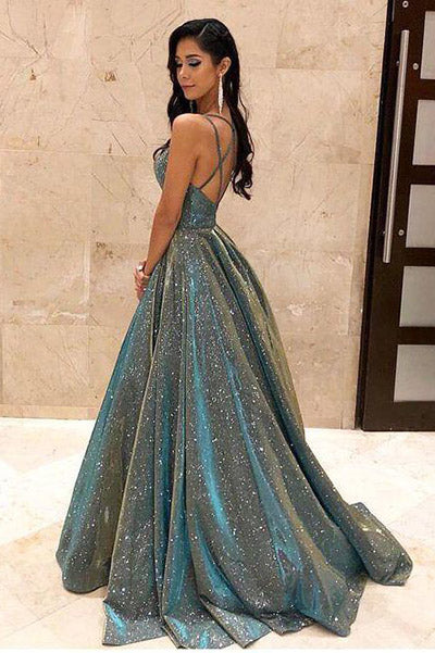 V Neck Backless Green Satin Long Prom Dress 2020 with Slit, Backless G –  abcprom