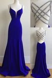 Elegant Royal Blue Mermaid V-neck Cross Back Long Prom Dress with Beading, SP511