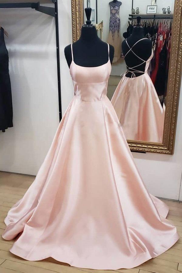 Blush Pink Simple Satin A-line Spaghetti Straps Cross Back Prom Dress with Pockets, SP512