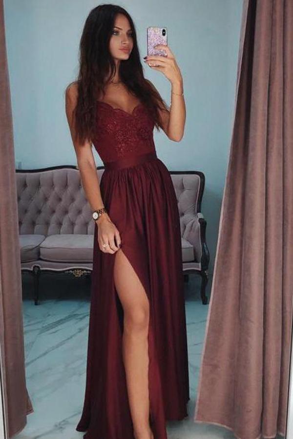 Cheap Modest A Line Spaghetti Straps Long Prom Dress With Side Split, –  Simidress