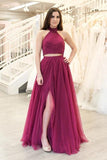 Burgundy Tulle A Line Two Piece Beaded Long Prom Dresses with Slit, SP515