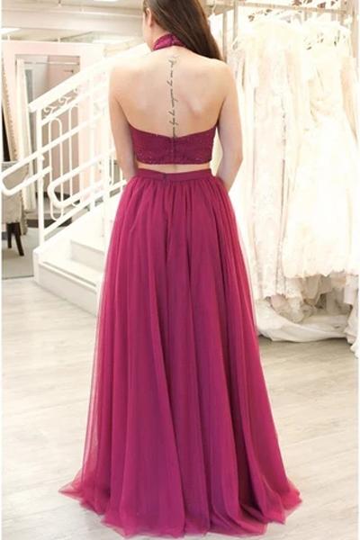 www.simidress.com | Burgundy Tulle A Line Two Piece Beaded Long Prom Dresses with Slit, SP515