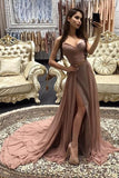 Rose Gold Chiffon A Line Spaghetti Straps Prom Dresses with Sweep Train, SP516