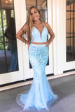 Sky Blue Organza Two Piece Deep V Neck Mermaid Prom Dress Evening Dresses, SP517