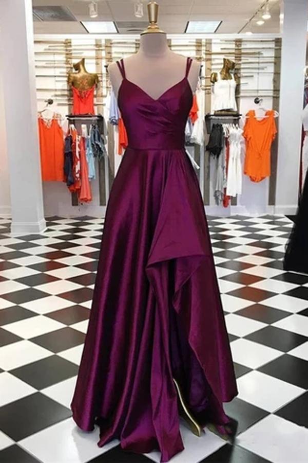 Simple Satin Dark Purple A-line V-neck Spaghetti Straps Long Prom Dres – Simidress Simple Satin Dark Purple A-line V-neck Spaghetti Straps Long Prom Dres – Simidress
