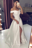 Simple Ivory Satin A-line Off The Shoulder Prom Dresses With Side Slit, SP521