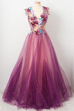 New Arrival Burgundy A Line Scoop Neck Tulle Floral Prom Dress With Appliques, SP522