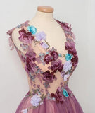 Find New Arrival Burgundy A Line Scoop Neck Tulle Floral Prom Dress With Appliques, SP522 at www.simidress.com