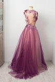 simidress.com | New Arrival Burgundy A Line Scoop Neck Tulle Floral Prom Dress With Appliques, SP522