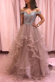 Rose Pink Classic Bottom Tulle Multi Layered Prom Dresses With Rhinestones, SP523