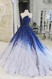 Elegant Royal Blue Ombre A-line Sweetheart Prom Dresses With Appliques, SP524