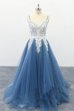 Blue Tulle A Line Multi-Layers Spaghetti Straps Prom Dresses With Ivory Appliques, SP525