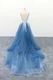 www.simidress.com | Blue Tulle A Line Multi-Layers Spaghetti Straps Prom Dresses With Ivory Appliques, SP525