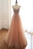 Coral Tulle A-line V-neck Lace Up Back Long Prom Dresses with Sequins, SP526