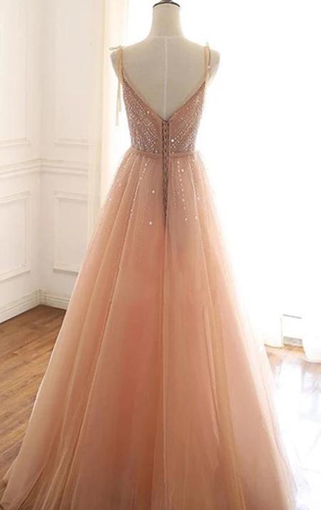 www.simidress.com | Coral Tulle A-line V-neck Lace Up Back Long Prom Dresses with Sequins, SP526