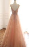 www.simidress.com | Coral Tulle A-line V-neck Lace Up Back Long Prom Dresses with Sequins, SP526