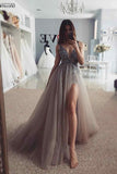 Elegant Gray Beaded Tulle V Neck Floor Length Long Prom Dresses with Side Slit, SP528