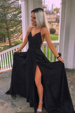 Simple Black Timeless Spaghetti Straps Long Prom Dresses Party Dress with Split, SP529