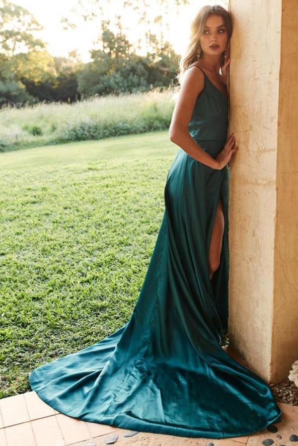 www.simidress.com | Simple Silk Like Satin Green Spaghetti Straps Long Prom Dresses with Slit, SP530