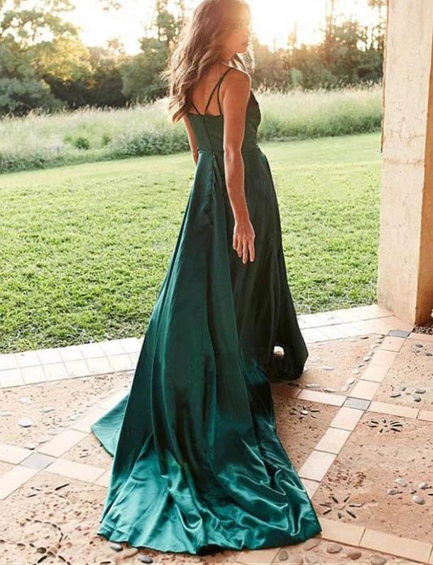 Find Simple Silk Like Satin Green Spaghetti Straps Long Prom Dresses with Slit, SP530 at www.simidress.com