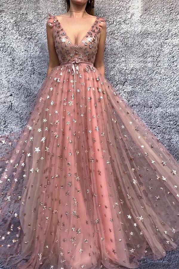 Beautiful Sparkly Stars Tulle A Line V-neck Long Prom Dresses Party Dress, SP533