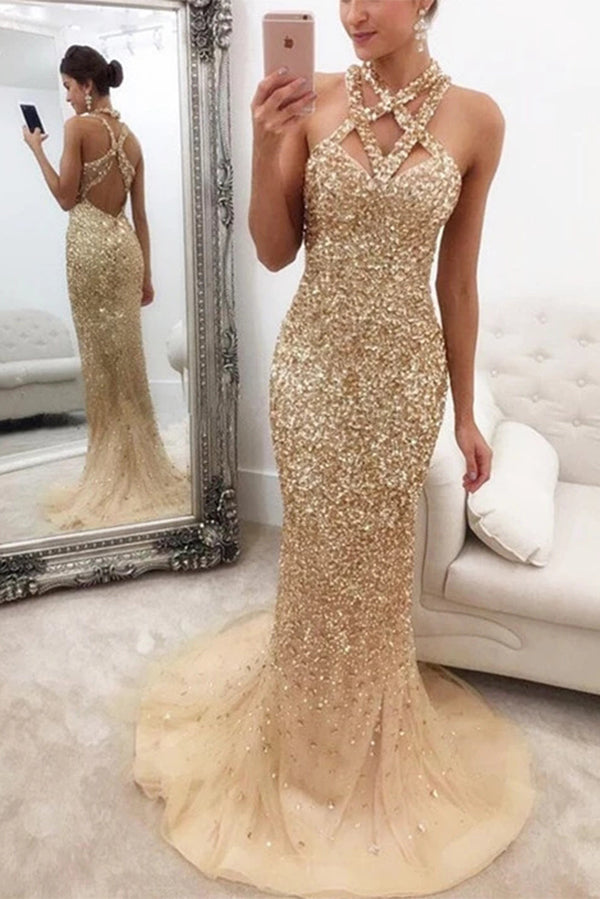 Luxury Gold Sparkly Rhinestone Halter Sheath Long Prom Dresses with Tr Simidress Luxury Gold Sparkly Rhinestone Halter Sheath Long Prom Dresses with Tr Simidress