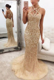 Luxury Gold Sparkly Rhinestone Halter Sheath Long Prom Dresses with Train, SP534