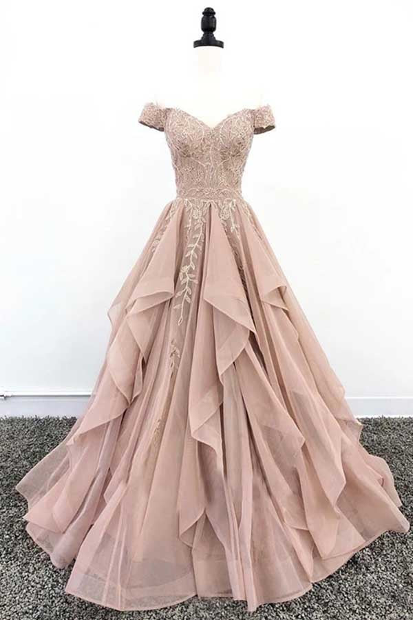Fabulous Organza Lace Off Shoulder A-line Cheap Long Prom Dresses, Evening Dress, SP535 | prom dresses | evening dresses | formal dresses | Simidress