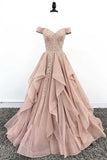 Fabulous Organza Lace Off Shoulder A-line Cheap Long Prom Dresses, Evening Dress, SP535