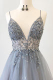 simidress.com | Gray A-line V-neck Tulle Spaghetti Straps Long Prom Dress with Appliques, SP536