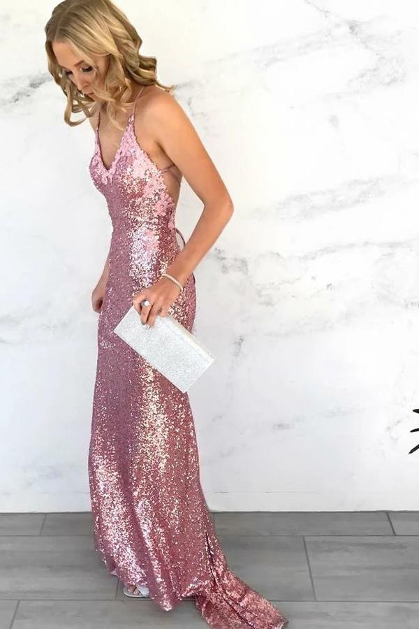 Elegant Rose Gold Mermaid Spaghetti Straps V neck Backless Prom Dresse Simidress Elegant Rose Gold Mermaid Spaghetti Straps V neck Backless Prom Dresse Simidress