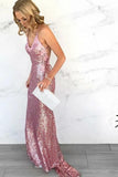 Elegant Rose Gold Mermaid Spaghetti Straps V neck Backless Prom Dresses, SP537