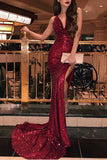 Shiny Burgundy Sequins Mermaid Long Prom Dresses Evening Dresses with Split, SP538