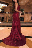 simidress.com | Shiny Burgundy Sequins Mermaid Long Prom Dresses Evening Dresses with Split, SP538