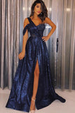 Elegant Navy Blue Sequin One Shoulder Slit Long Prom Dress with Appliques, SP539
