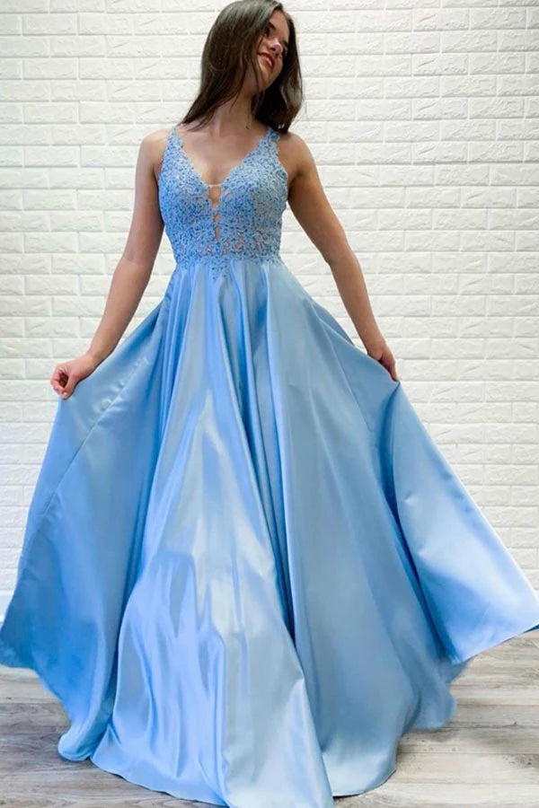 Blue Satin A-line V-neck Long Prom Dresses Party Dresses With Lace Appliques, SP540