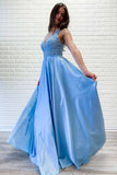 Blue Satin A-line V-neck Long Prom Dresses Party Dresses With Lace Appliques, SP540 | www.simidress.com