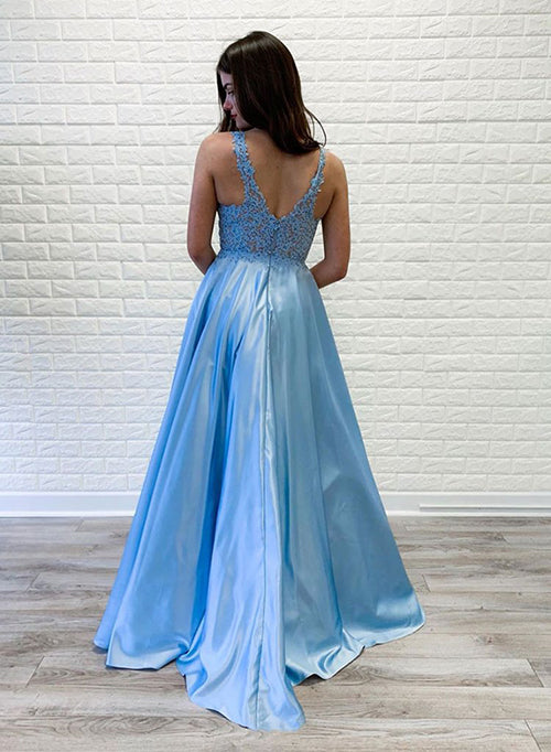 www.simidress.com offer Blue Satin A-line V-neck Long Prom Dresses Party Dresses With Lace Appliques, SP540