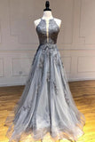 Grey Tulle A-line Spaghetti Straps Long Prom Dresses With Lace Appliques, SP541