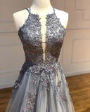 simidress.com | Grey Tulle A-line Spaghetti Straps Long Prom Dresses With Lace Appliques, SP541