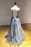 Find Grey Tulle A-line Spaghetti Straps Long Prom Dresses With Lace Appliques, SP541 at simidress.com