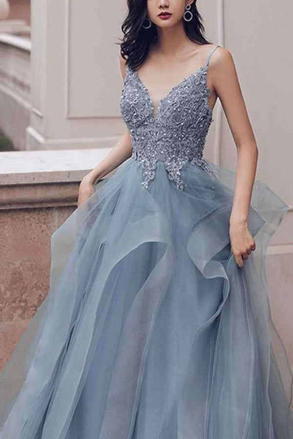 Prussian Blue A-line V-neck Appliqued Multi-Layered Organza Prom Dresses, SP542