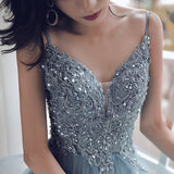 Find Prussian Blue A-line V-neck Appliqued Multi-Layered Organza Prom Dresses, SP542 at simidress.com